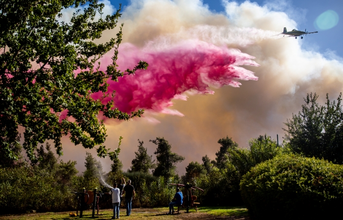 Des pompiers et des citoyens israéliens tentent d'éteindre l'incendie près de Beit Meir, à l'extérieur de Jérusalem, le 15 août 2021 ©Yonatan Sindel/Flash90