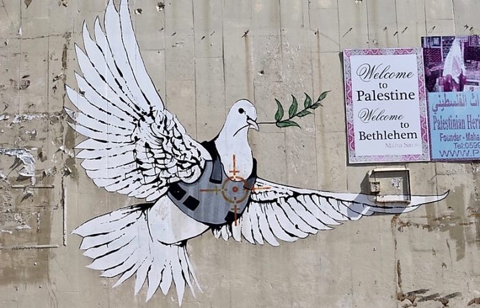 La colombe en gilet pare-balle, peinte non loin de l'hôtel ©Cécile Lemoine/TSM