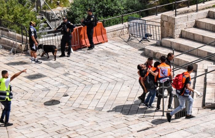 Le corps d'un palestinien inconscient est transporté en dehors de la vieille ville, sous les applaudissements des marcheurs ©Cécile Lemoine/TSM