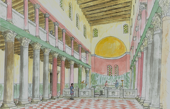 Reconstitution de l'intérieur coloré de la cathédrale, dessinée par Yannis Nakas ©Hippos Excavations