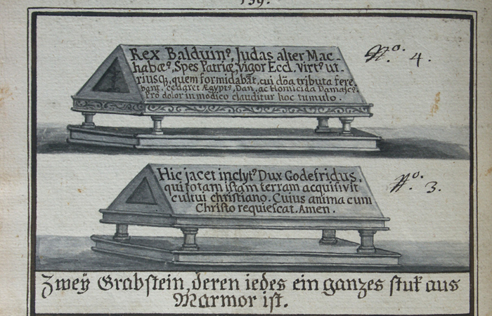 Cénotaphe de Baudoin Ier reproduit par le franciscain Ladislaus Mayr, publié dans Beschreibung der Reise in das Heilige lande Palaestina, P. Ladislaus Mayr, osf 1779© Collection du Commissariat de Terre Sainte en Allemagne