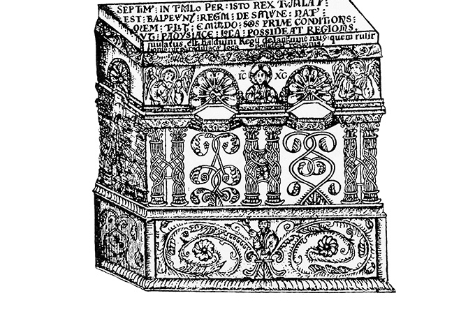 Monument funéraire de Baudoin V, dessin d'Elzear Horn, 1729, manuscrit conservé à la Bibliothèque vaticane.