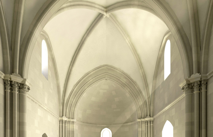 Le voûtement d’ogive de la nef reposait sur des piliers composés engagés dans les murs, par l’intermédiaire de chapiteaux à palmettes. © Mission Archéologique Belvoir